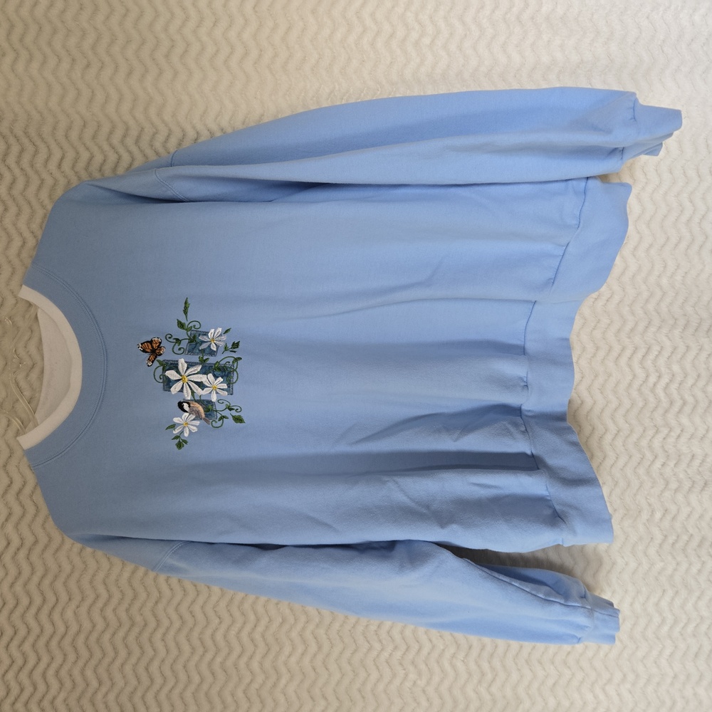 Plus Size Decorated Originals Blue Sweatshirt with Floral Embroidery